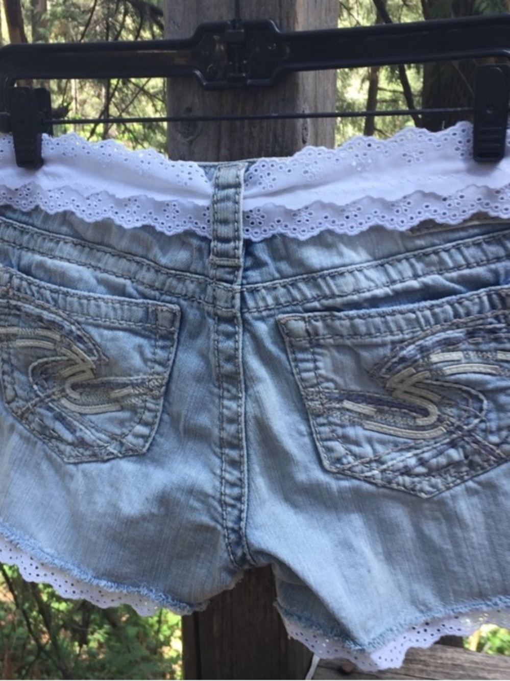 Hand Crafted Light Blue Denim Jean Shorts with White Lace & Red Rose Accents - Picture 8 of 11